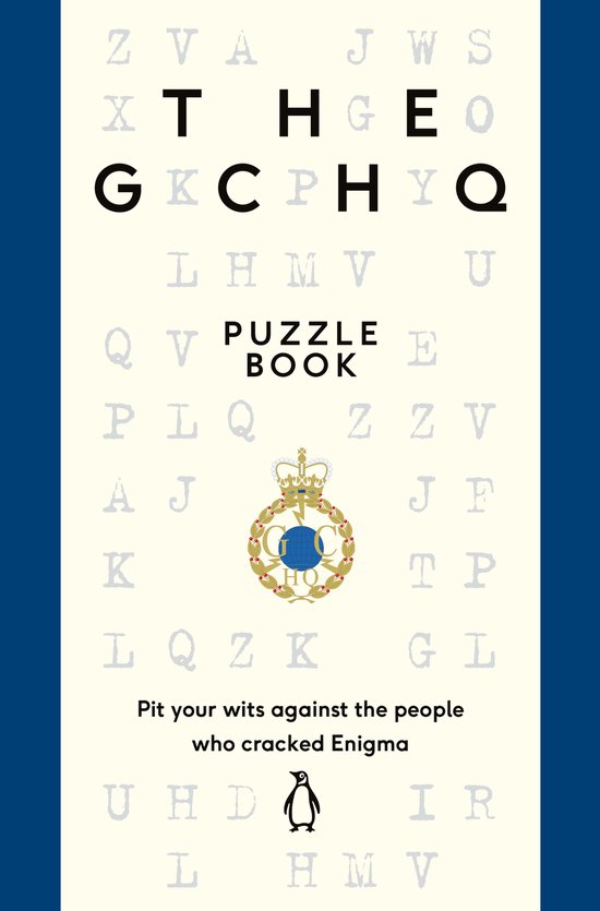 Livre de puzzles avec un design semblable à un test de vision. Texte 'THE GCHQ PUZZLE BOOK'. Avec logo GCHQ et pingouin.