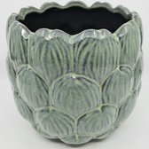 Schitterende grote bloempot Liv Groen/Turquoise met prachtig Artisjok motief/reliëf. 17cms hoog Ø 15cms inclusief verzenden.