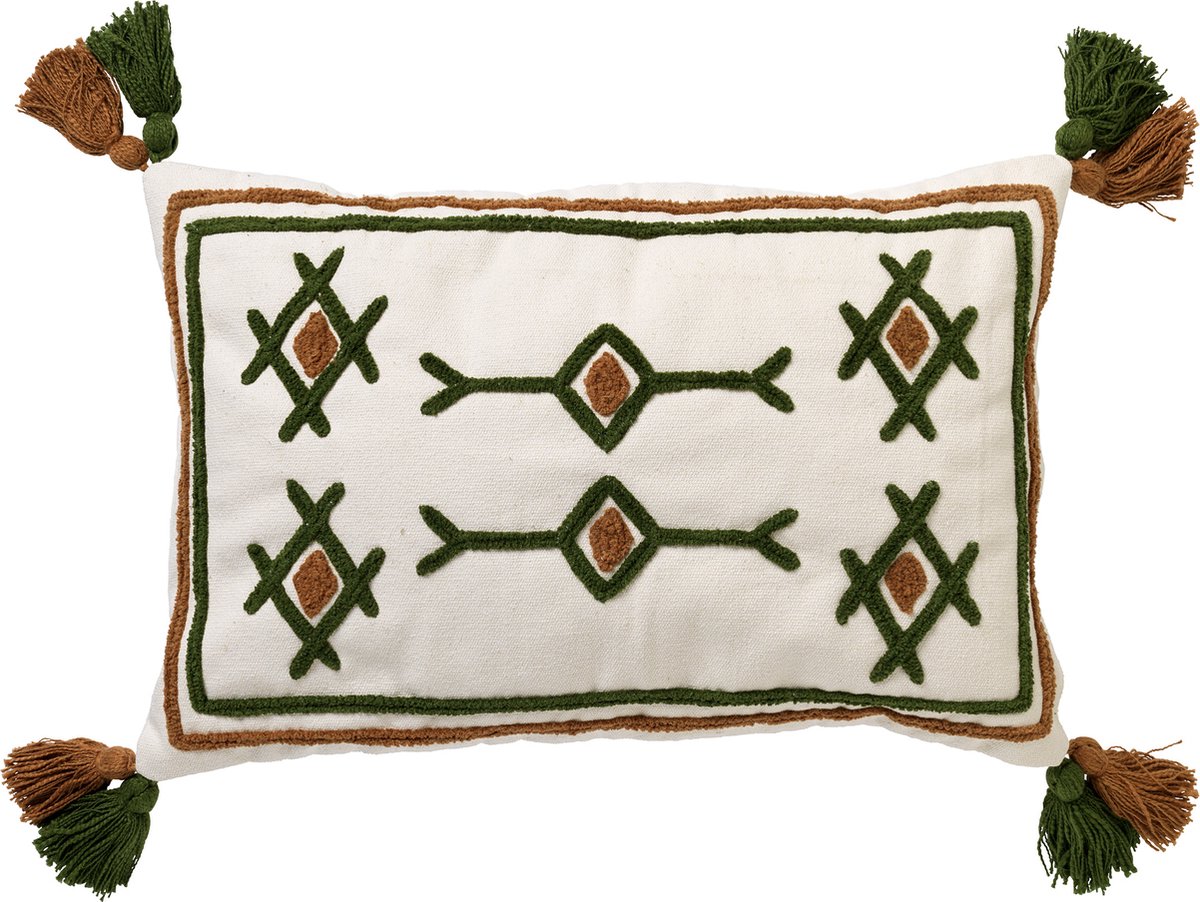 Dutch Decor ZITA - Sierkussen katoen 40x60 cm - Chive - groen / wit / bruin - Kussen met flosjes - Inclusief binnenkussen Olijfgroen