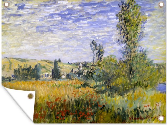 Tuinschilderij Landschap bij Vetheuil - Schilderij van Claude Monet - 80x60 cm - Tuinposter - Tuindoek - Buitenposter