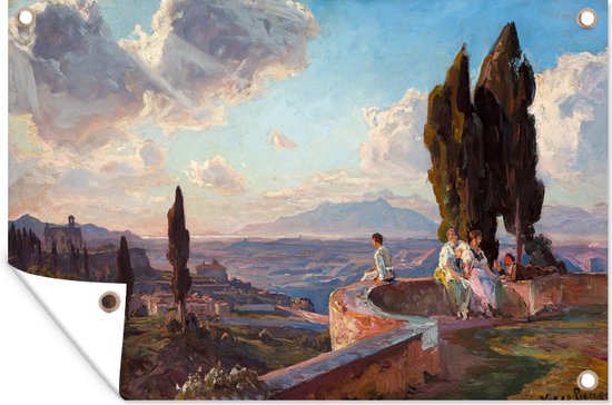 Tuinposter - Tuindoek - Tuinposters buiten - Italienerinder på en terrasse i Sora - schilderij van Viggo Pedersen - 120x80 cm - Tuin