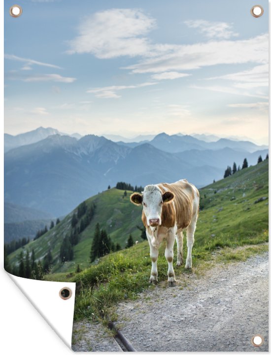 Tuinschilderij Beierse koe in de Alpen - 60x80 cm - Tuinposter - Tuindoek - Buitenposter