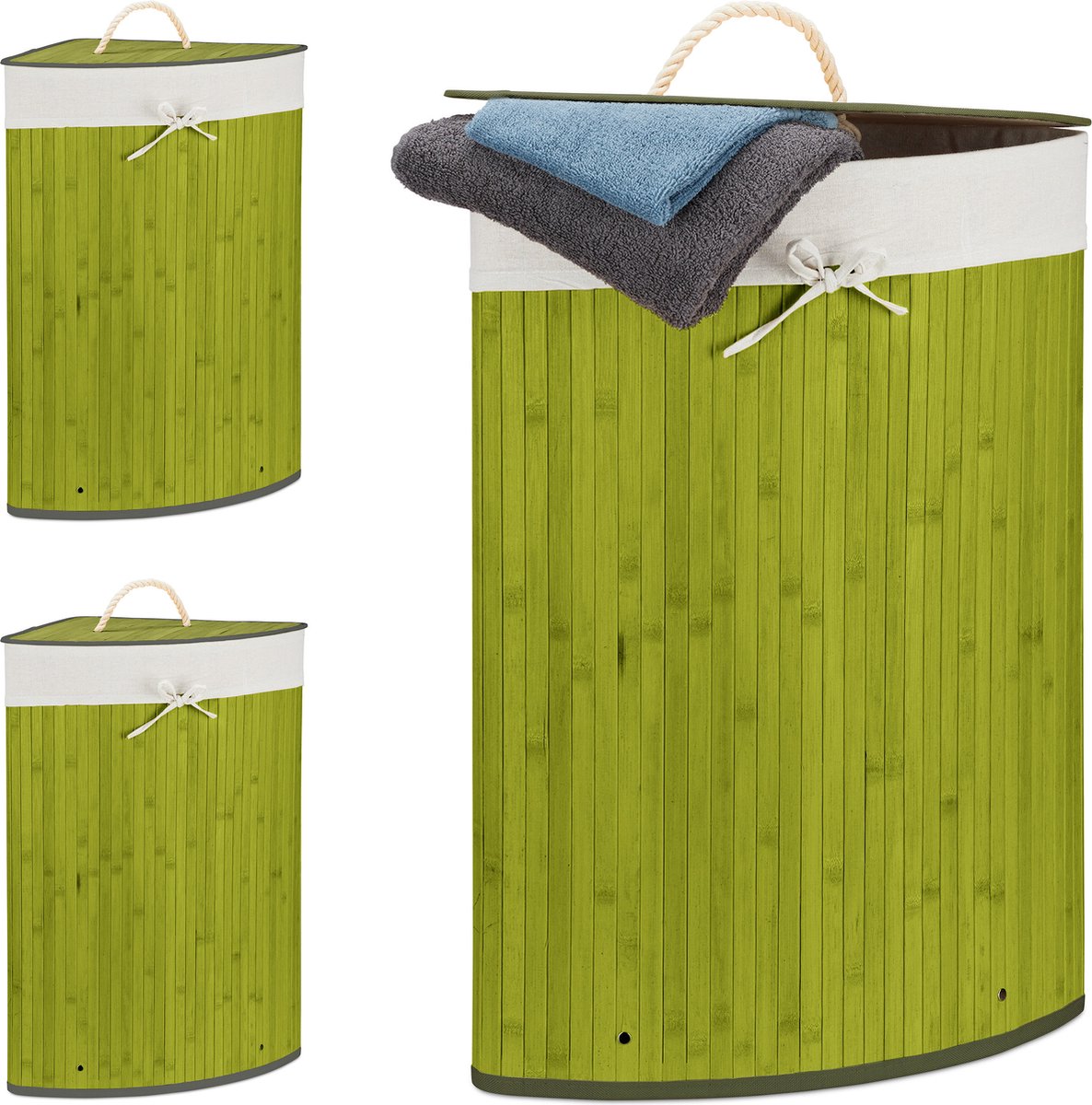 Goedkoopste 3x wasmand hoekmodel bamboe - 60 liter - deksel - wasbox - driehoekig - groen