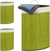 Relaxdays 3x wasmand hoekmodel bamboe - 60 liter - deksel - wasbox - driehoekig - groen