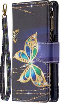Oppo A54S / A16 / A16S - Portemonnee met rits - book-case hoesje - ruimte voor 9 pasjes - diamant vlinders