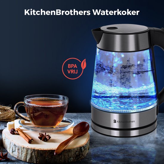 KitchenBrothers Waterkoker - Glas - Elektrisch - PFAS- & BPA-vrij - 1,7L - Retro - met LED - 2200W - Glazen Waterkoker - RVS