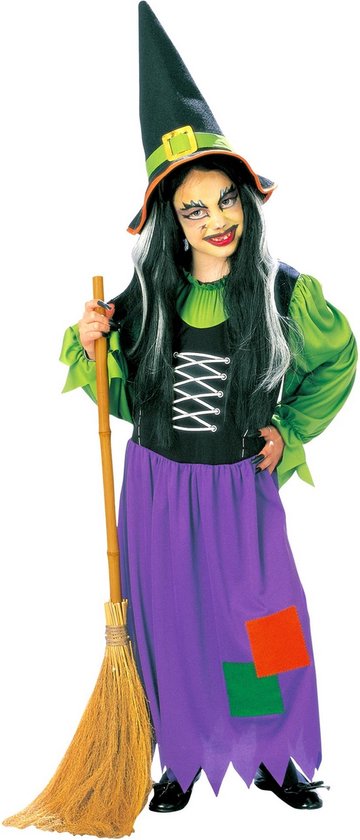 Widmann - Heks & Spider Lady & Voodoo & Duistere Religie Kostuum - Boze Lelijke Heks Kind Kostuum Meisje - Groen, Paars - Maat 158 - Halloween - Verkleedkleding