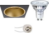 LED Spot Set - Pragmi Minko Pro - GU10 Fitting - Inbouw Vierkant - Mat Zwart/Goud - Verdiept - 90mm - Philips - SceneSwitch 827 36D - 1.5W-5W - Warm Wit 2200K-2700K - Dimbaar - BSE