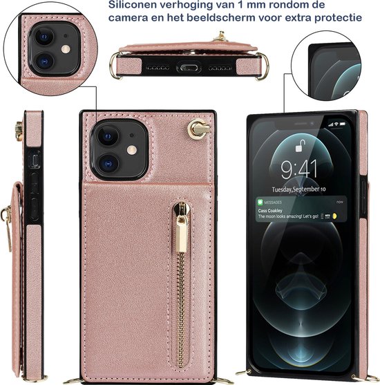 Rosegouden telefoonhoesje met rits, kaarthouder en verhoogde randen rond de camera.