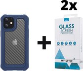 Backcover Shockproof Carbon Hoesje iPhone 12 Mini Blauw - 2x Gratis Screen Protector - Telefoonhoesje - Smartphonehoesje