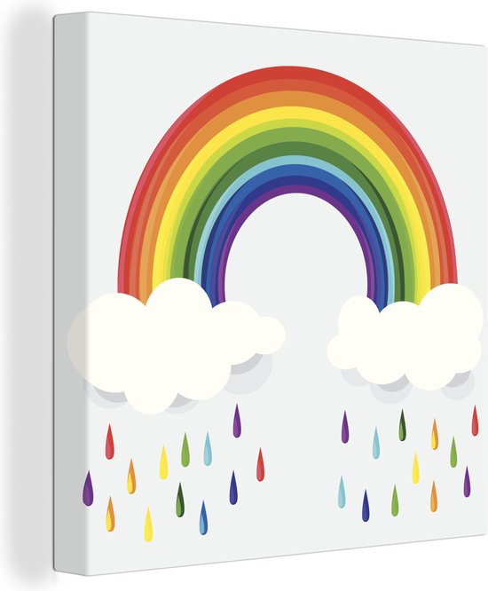 Canvas Schilderij Een illustratie van een regenboog met wolken en regenboog  druppels -... | bol.com