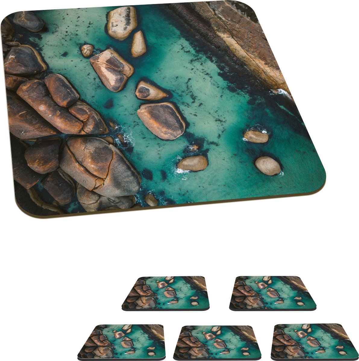 Onderzetters voor glazen - Water - Stenen - Zee - 10x10 cm - Glasonderzetters - 6 stuks
