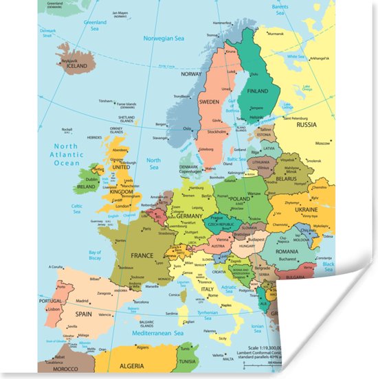 Poster Kaart - Europa - Politiek - 100x100 cm XXL