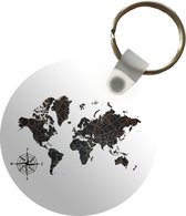 Sleutelhanger - Wereldkaart - Zwart - Kompas - Plastic - Rond - Uitdeelcadeautjes