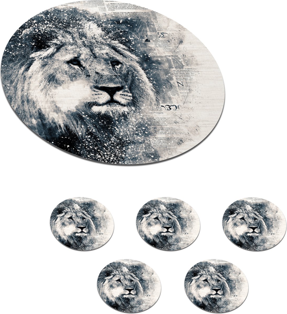 Onderzetters voor glazen - Rond - Leeuw - Krant - Blauw - 10x10 cm - Glasonderzetters - 6 stuks