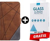 Bookcase Hoesje Patroon Met Pasjeshouder Samsung Galaxy A41 Bruin - Gratis Screen Protector - Telefoonhoesje - Smartphonehoesje