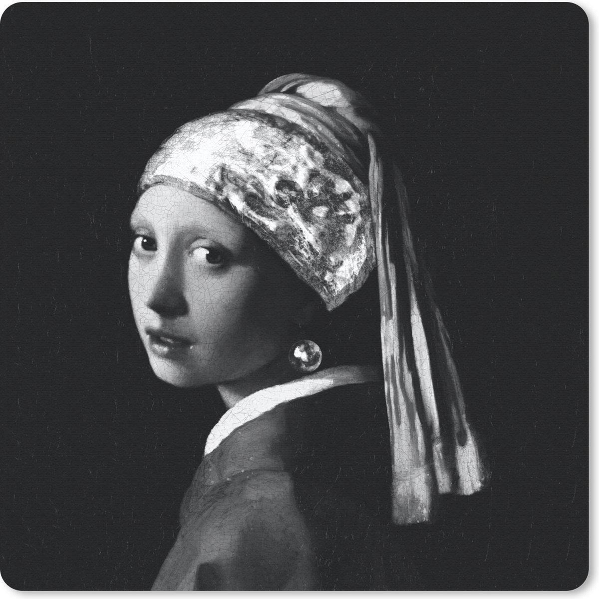 Muismat 20x20 cm - Mousepad Het meisje met de parel - Johannes Vermeer - Zwart - Wit - Muismatten