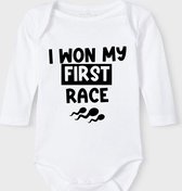 Baby Rompertje met tekst 'I won my first race' | Lange mouw l | wit zwart | maat 62/68 | cadeau | Kraamcadeau | Kraamkado