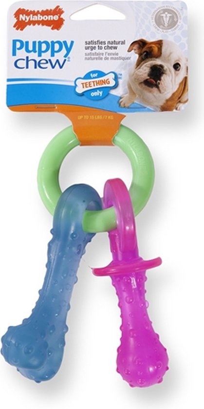 Nylabone Puppy Teething Pacifier Flexible – Hondenspeelgoed – Bacon 215x100x38 mm 108 g Roze Blauw Groen Tot 11kg Small