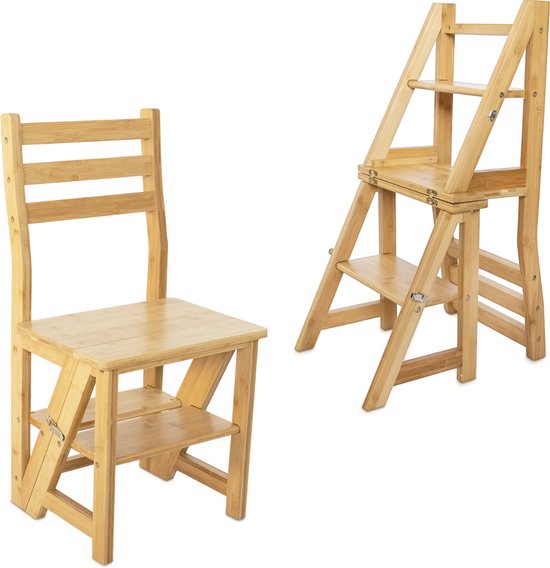Navaris klapstoel omklapbaar tot keukentrapje - Met gemak van keukenstoel tot 3-traps ladder en bloemenladder - Gemaakt van mileuvriendelijk bamboe