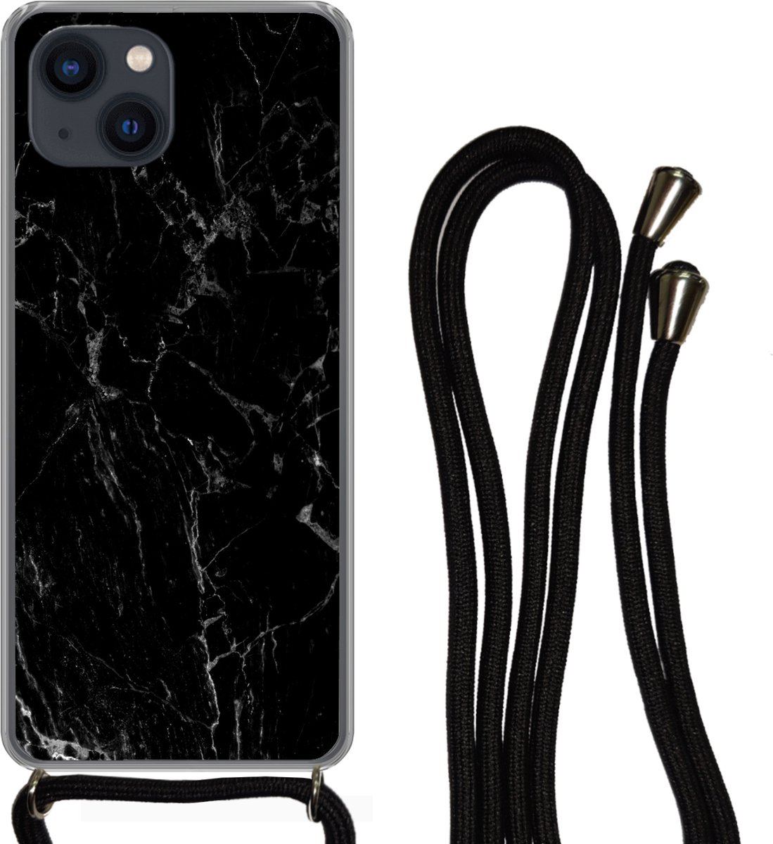 Telefoonkoord - Telefoonketting - Telefoonhoesje Geschikt voor iPhone 13 Mini - Marmer print - Zwart - Natuursteen - Siliconen - Crossbody - Telefoonhoesje met koord Telefoonhoesje
