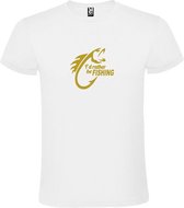 Wit  T shirt met  " I'd rather be Fishing / ik ga liever vissen " print Goud size S