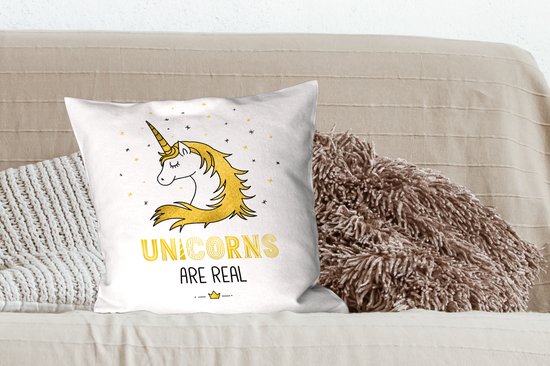 Sierkussen décoratif Illustration pour enfants Unicorn pour l'intérieur - Citation de licorne illustration pour enfants - 50x50 cm - Coussin intérieur carré en coton