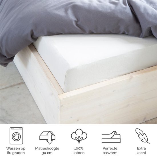 Wit hoeslaken op een matras, met icoontjes voor wassen op 60 graden, matras hoogte 30 cm, 100% katoen, perfecte pasvorm, extra zacht.