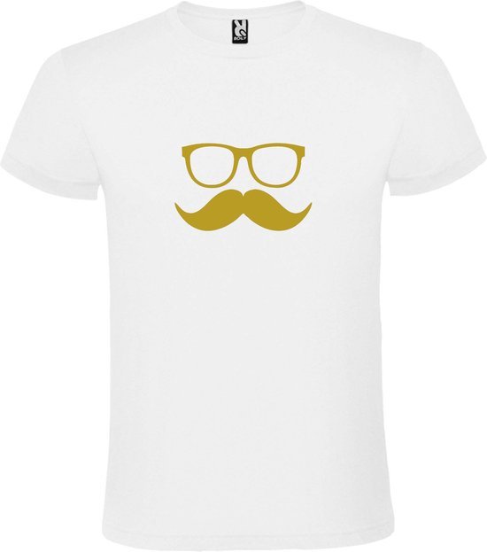 Wit  T shirt met  print van "Bril en Snor " print Goud size XXL