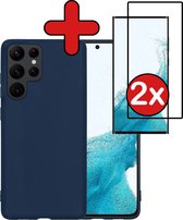 Hoesje Geschikt voor Samsung S22 Ultra Hoesje Siliconen Case Hoes Met 2x Screenprotector - Hoes Geschikt voor Samsung Galaxy S22 Ultra Hoes Cover Case - Donkerblauw