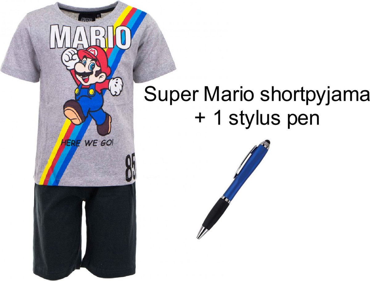 Super Mario Bross Short Pyjama - Melegrijs/zwart - 100% Katoen. Maat 98 cm / 3 jaar + EXTRA 1 Stylus Pen.