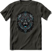 Leeuw - Dieren Mandala T-Shirt | Lichtblauw | Grappig Verjaardag Zentangle Dierenkop Cadeau Shirt | Dames - Heren - Unisex | Wildlife Tshirt Kleding Kado | - Donker Grijs - XXL