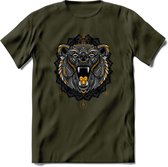 Beer - Dieren Mandala T-Shirt | Geel | Grappig Verjaardag Zentangle Dierenkop Cadeau Shirt | Dames - Heren - Unisex | Wildlife Tshirt Kleding Kado | - Leger Groen - S