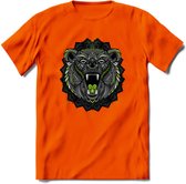 Beer - Dieren Mandala T-Shirt | Groen | Grappig Verjaardag Zentangle Dierenkop Cadeau Shirt | Dames - Heren - Unisex | Wildlife Tshirt Kleding Kado | - Oranje - M