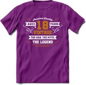 18 Jaar Legend T-Shirt | Goud - Wit | Grappig Verjaardag en Feest Cadeau Shirt | Dames - Heren - Unisex | Tshirt Kleding Kado | - Paars - XL