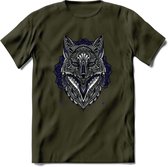 Vos - Dieren Mandala T-Shirt | Donkerblauw | Grappig Verjaardag Zentangle Dierenkop Cadeau Shirt | Dames - Heren - Unisex | Wildlife Tshirt Kleding Kado | - Leger Groen - XXL