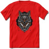 Vos - Dieren Mandala T-Shirt | Oranje | Grappig Verjaardag Zentangle Dierenkop Cadeau Shirt | Dames - Heren - Unisex | Wildlife Tshirt Kleding Kado | - Rood - S
