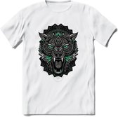 Wolf - Dieren Mandala T-Shirt | Aqua | Grappig Verjaardag Zentangle Dierenkop Cadeau Shirt | Dames - Heren - Unisex | Wildlife Tshirt Kleding Kado | - Wit - M