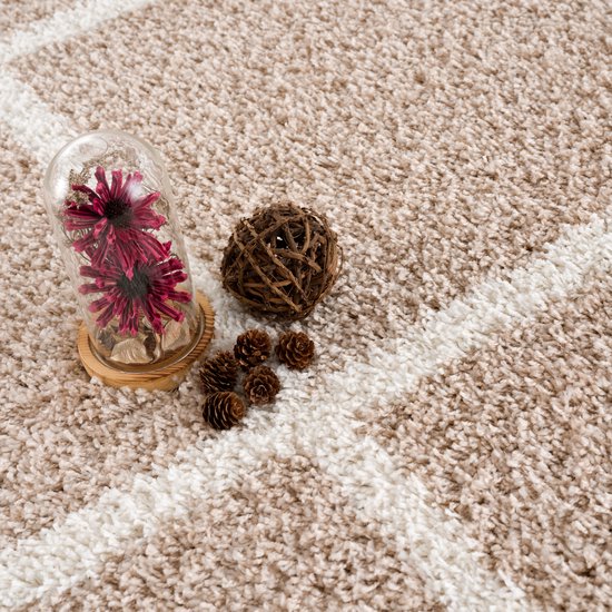 Tapijtenloods Madrid Shaggy Rond Geruit Vloerkleed Beige Creme Hoogpolig- 150 CM ROND