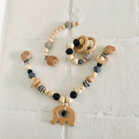 Chaîne De Poussette Éléphant En Bois Naturel - Jouet Bébé Simple Et Sûr Dès 0 Mois