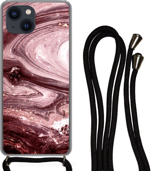 Telefoonkoord - Telefoonketting - Telefoonhoesje Geschikt voor iPhone 13 - Marmer print - Goud - Roze - Siliconen - Crossbody - Telefoonhoesje met koord Telefoonhoesje