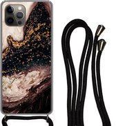 Telefoonkoord - Telefoonketting - Hoesje met koord Geschikt voor iPhone 12 Pro Max - Natuursteen - Goud - Zwart - Siliconen - Crossbody - Telefoonhoesje met koord
