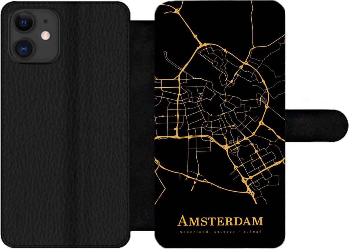 Telefoonhoesje Geschikt voor iPhone 11 telefoonhoesje - Amsterdam - Kaart - Goud - Zwart - Met vakjes - Wallet case met magneetsluiting