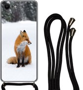 Hoesje met koord Geschikt voor iPhone SE 2020 - Vos - Sneeuw - Winter - Siliconen - Crossbody - Backcover met Koord - Telefoonhoesje met koord - Hoesje met touw