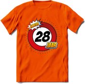 28 Jaar Hoera Verkeersbord T-Shirt | Grappig Verjaardag Cadeau | Dames - Heren | - Oranje - XL