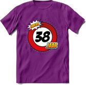 38 Jaar Hoera Verkeersbord T-Shirt | Grappig Verjaardag Cadeau | Dames - Heren | - Paars - S