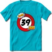 39 Jaar Hoera Verkeersbord T-Shirt | Grappig Verjaardag Cadeau | Dames - Heren | - Blauw - 3XL