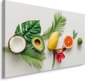 Schilderij - Kleurrijke fruit en palmbladeren, premium print