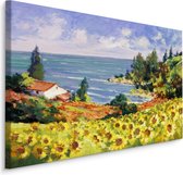 Schilderij - Landschap met Zonnebloemen, Premium print op Canvas