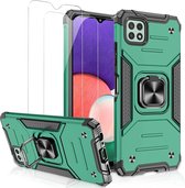 Samsung A22 Hoesje Heavy Duty Armor Hoesje Groen - Samsung Galaxy A22 5G Case Kickstand Ring cover met Magnetisch Auto Mount- Samsung A22 5G screenprotector 2 pack